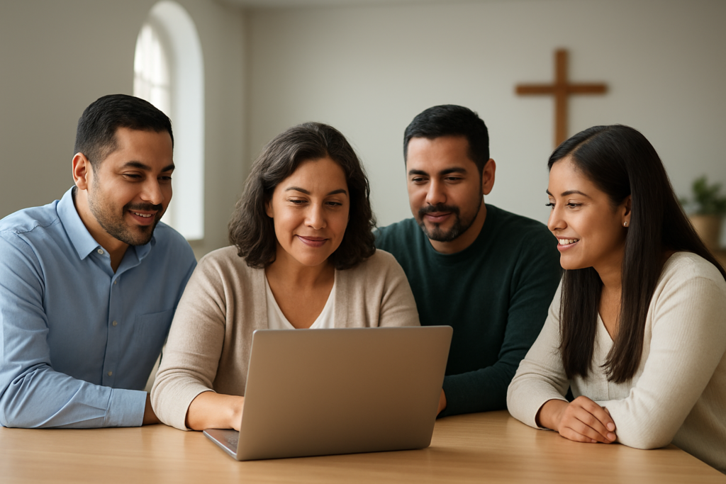 Four adults sit at a wooden table, gathered around a laptop and smiling at the screen in a bright room with a cross on the wall behind them.