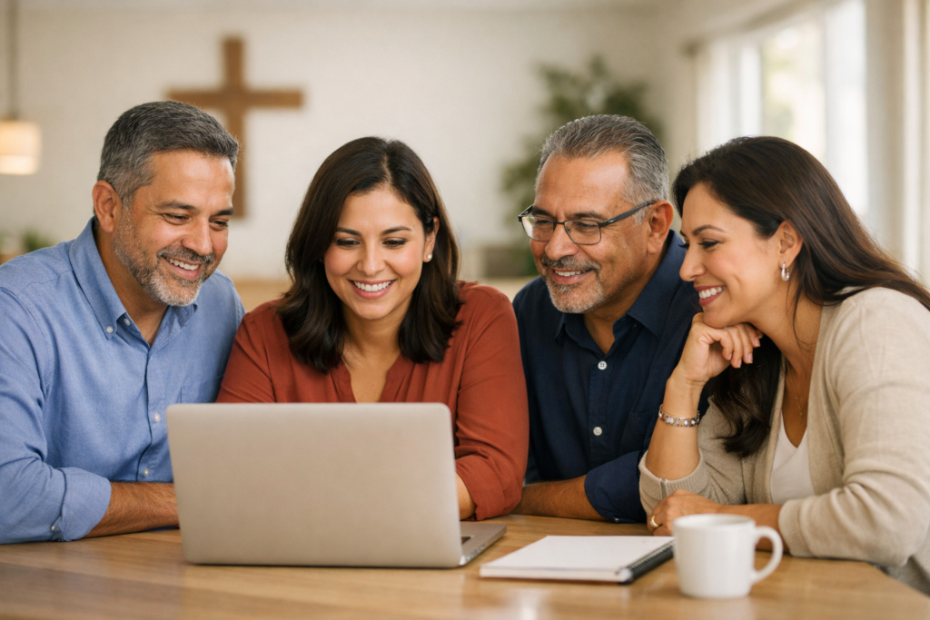 Four adults gathered around a laptop, smiling as they review something together on screen.
