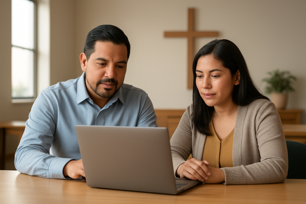 Man and woman sit at a wooden table, looking at a laptop together in a room with a cross on the wall behind them.